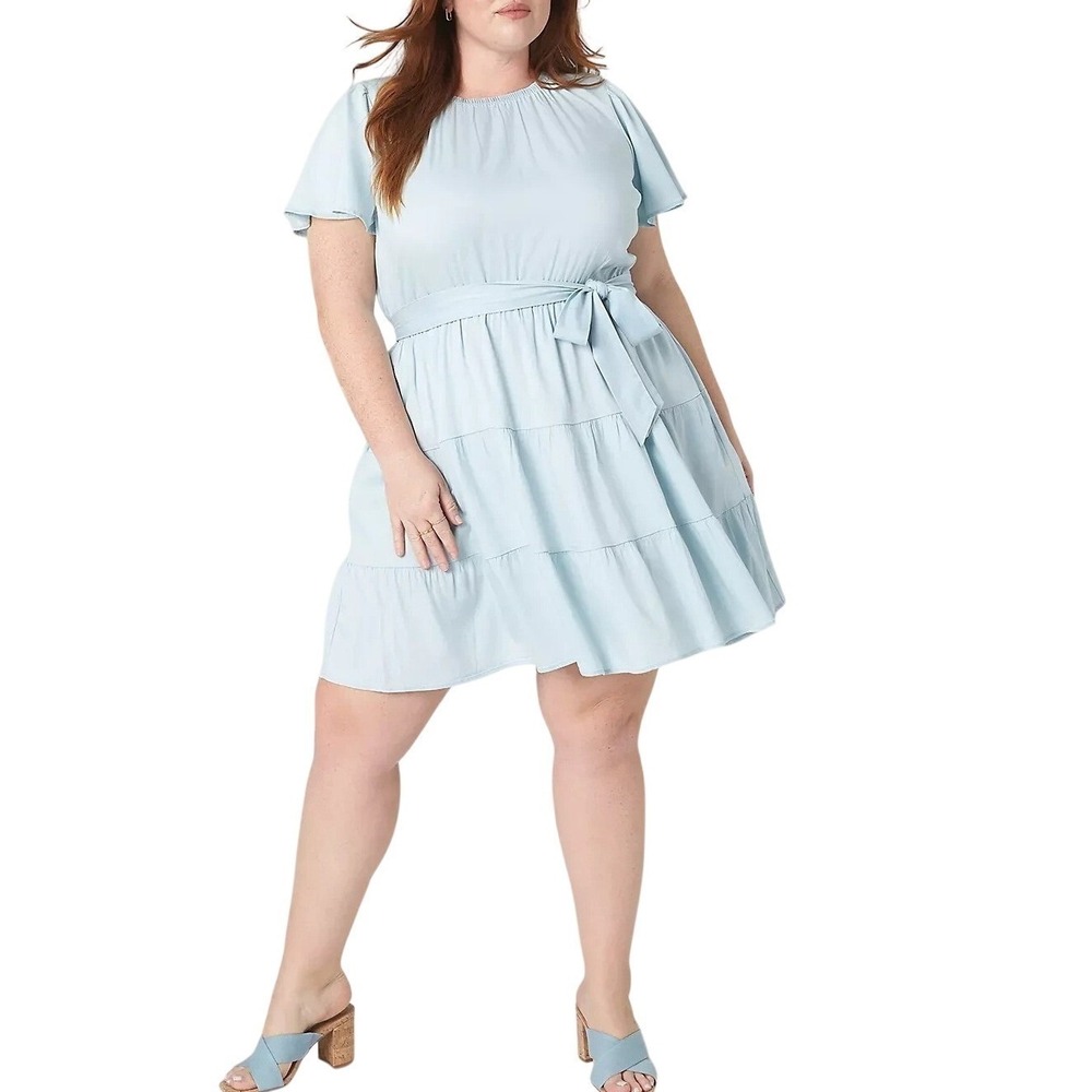 Lane Bryant Chambray Babydoll Dress Size 14 Blue Tiered‎ Ruffle Belted Pockets